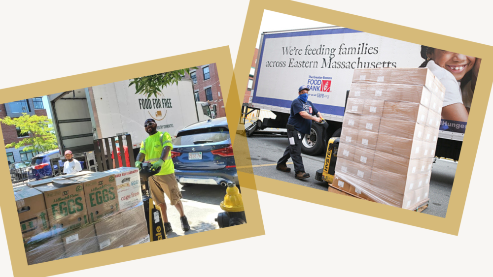 2 pictures with a gold border, the of Food For Free employee Mark operating a lift holding many boxes of eggs in front of a Food For Free truck making a drop-off to East Boston Community Soup Kitchen, and the second of an employee operating a lift of a large number of boxes in front of a truck with the Greater Boston Food Bank's logo on it that also has a quote reading "We're feeding families across Eastern Massachusetts"