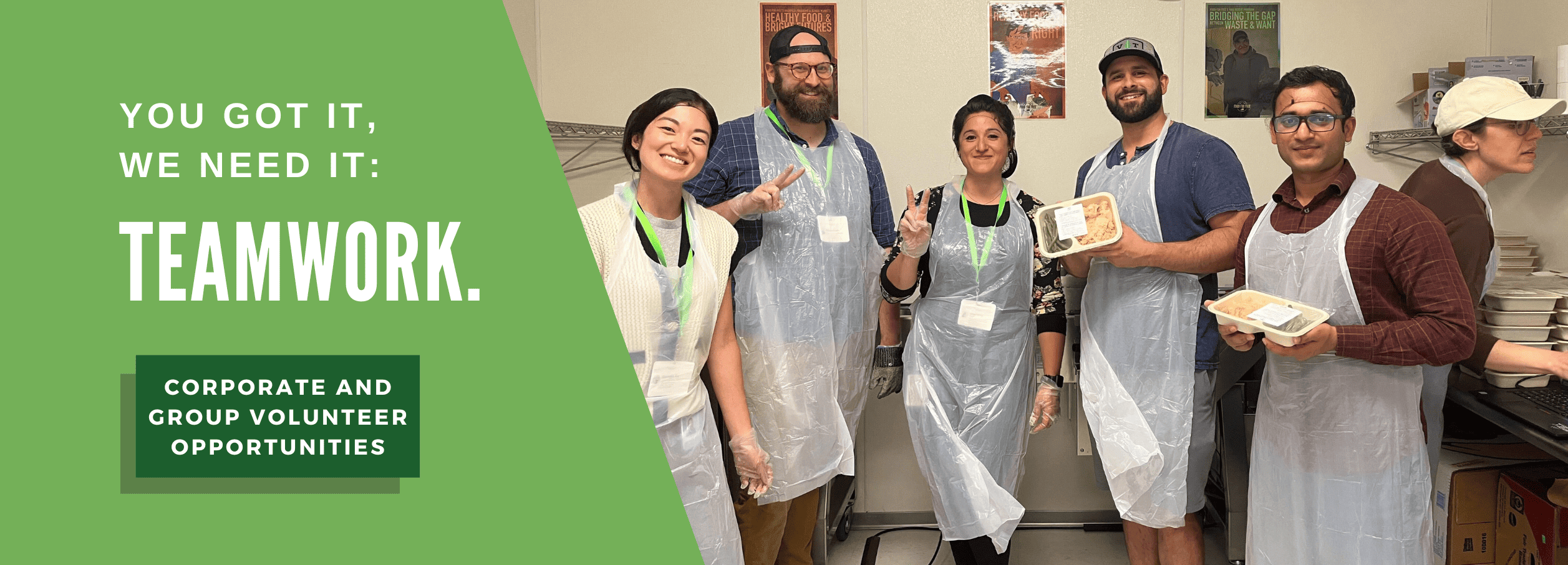 Photo of a group of volunteers in plastic aprons and hair coverings posing with Heat-n-Eats meals, with text for a call-to-action for Group Volunteer Opportunities.